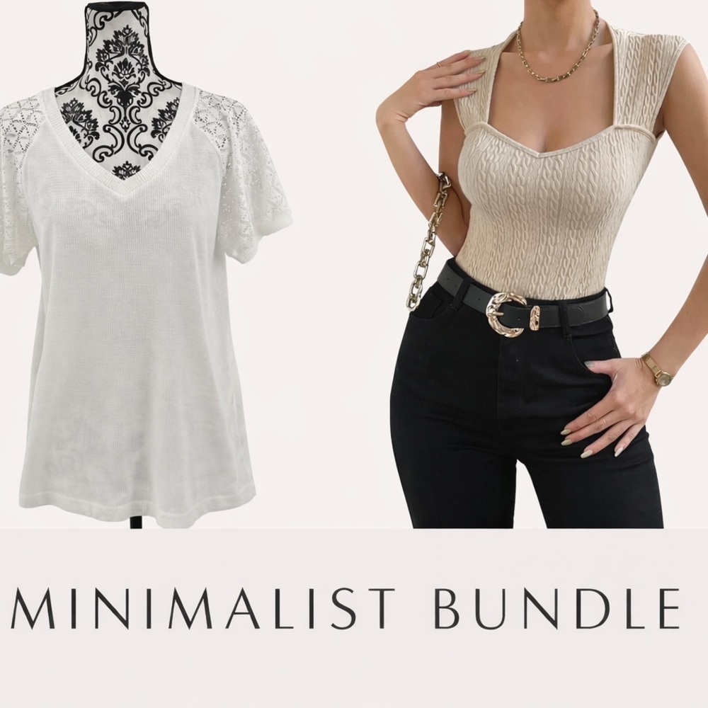 White Crochet Lace Sleeve Top + Apricot Ribbed Sweetheart Bodysuit Large Bundle
